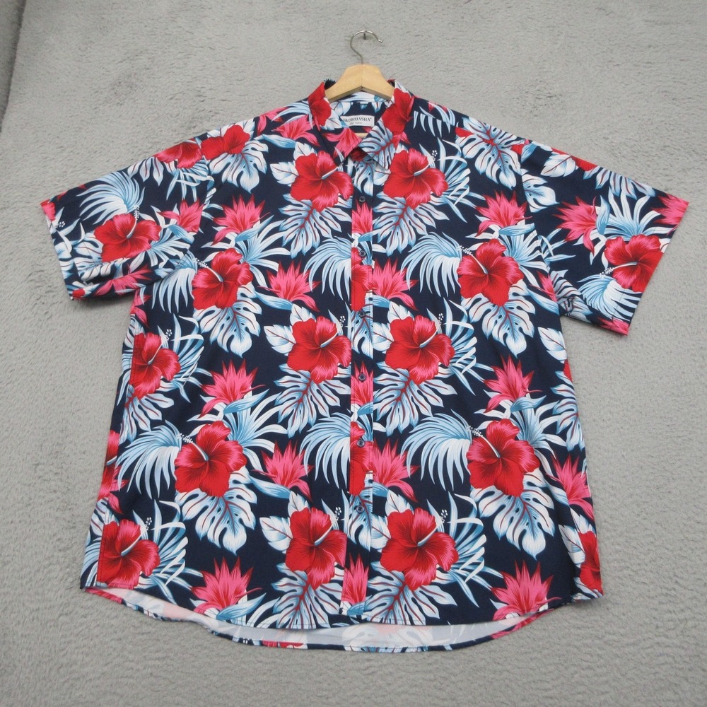J&DHUASHA Hawaiian Shirt Mens 3XL Blue Red Hibiscus Floral Tropical Aloha Resort